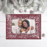 Woodland Ferns Pine Cone Burgundy Holiday Card<br><div class="desc">White chalk sketch of leaves,  ferns,  berries and pinecones on burgundy background. Optional message on the back or add a second photo if desired.</div>