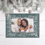 Woodland Ferns Pine Cone Dark Green Holiday Card<br><div class="desc">White chalk sketch of leaves,  ferns,  berries and pinecones on dark teal background. Optional message on the back or add a second photo if desired.</div>