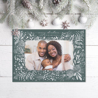 Woodland Ferns Pine Cone Dark Green Holiday Card