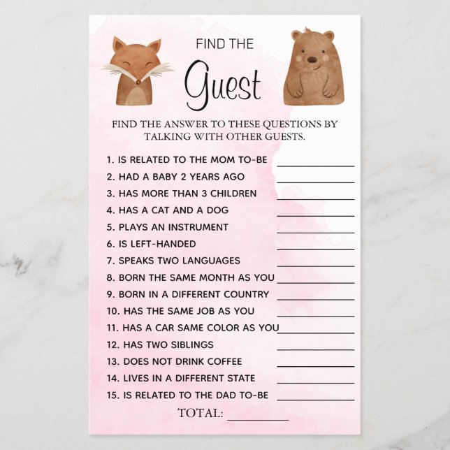 Woodland Find the Guest Baby Shower game card Flyer (Front)