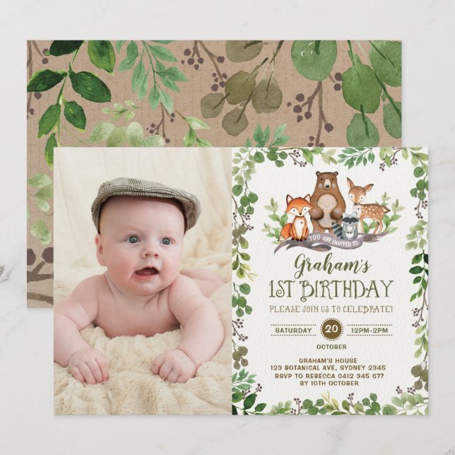 Woodland First 1st Birthday Party Forest Animals Invitation (Front/Back)