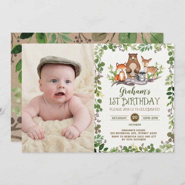 Woodland First 1st Birthday Party Forest Animals Invitation 