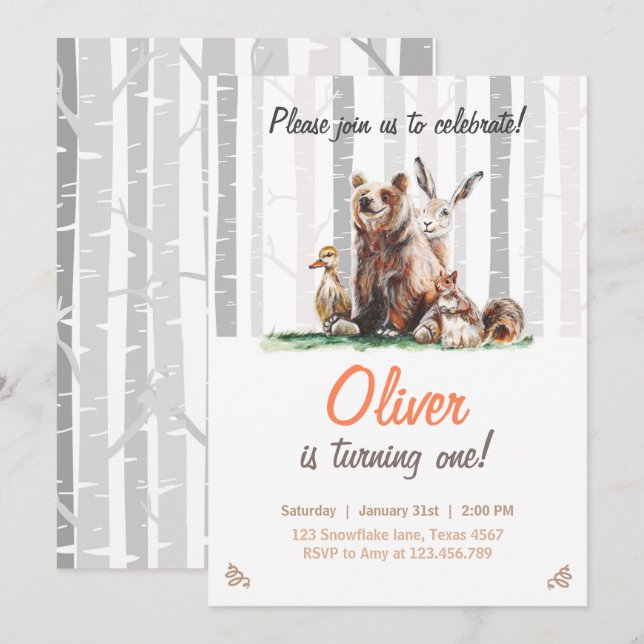 Woodland First Birthday Invitation Forest animals (Front/Back)