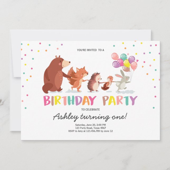 Woodland First Birthday Invitation Forest Animals (Front)