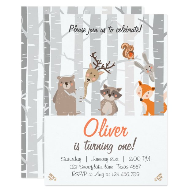 Woodland First Birthday Invitation Forest Animals