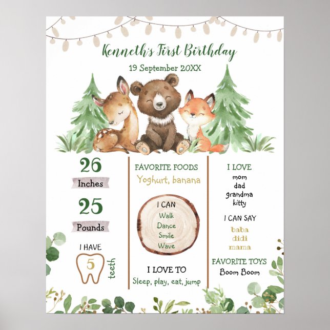 Woodland First Birthday Sign (Front)