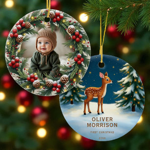 Woodland First Christmas Baby Deer Personalized Ceramic Ornament