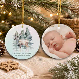 Woodland first Christmas With Baby Photo Ceramic Ornament