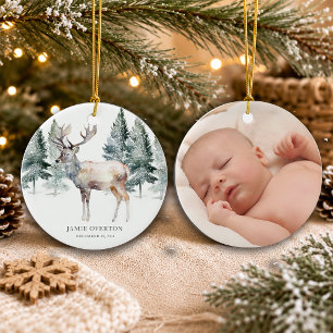 Woodland first Christmas With Baby Photo Ceramic Ornament