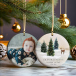Woodland First Christmas with Birth Stats Photo  Ceramic Ornament<br><div class="desc">Celebrate your baby's very first Christmas in a heartwarming style! This unique Woodland Ornament features your precious one's birth stats and photograph,  making it a timeless keepsake. A perfect heirloom that grows in sentimental value each festive season!
Ornament Collection</div>