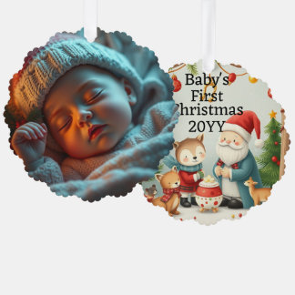Woodland First Christmas with Birth Stats Photo Ornament Card
