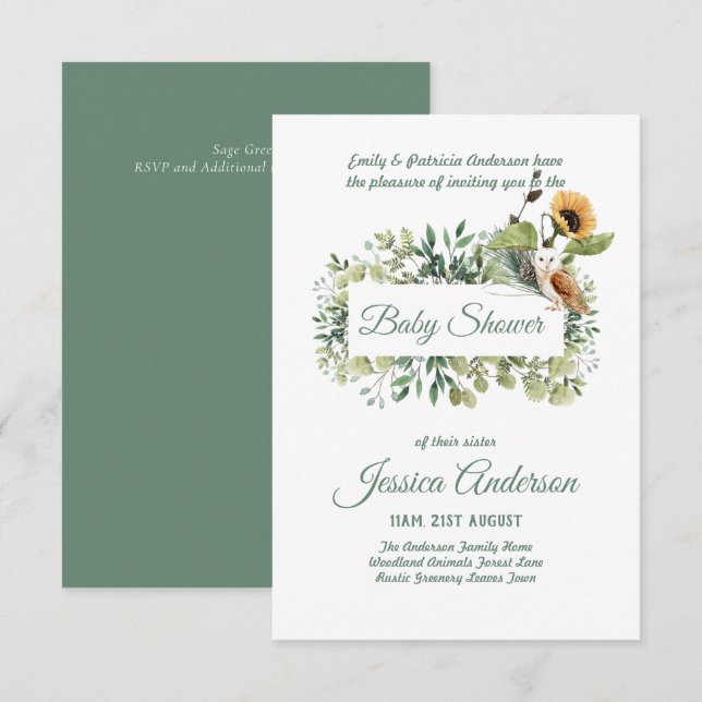 Woodland Flora and Fauna BABY SHOWER Invites (Front/Back)