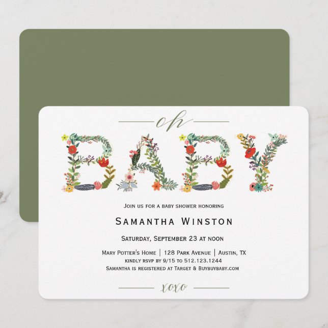 Woodland Floral Alphabet Baby Shower Invitation (Front/Back)