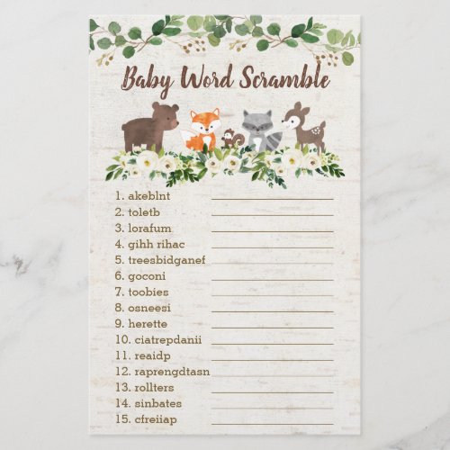 Woodland Floral Baby Shower Word Scramble Game