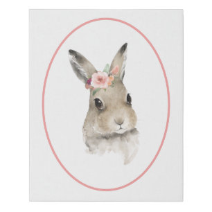 Woodland Floral Bunny Girl Pink Watercolor Faux Canvas Print