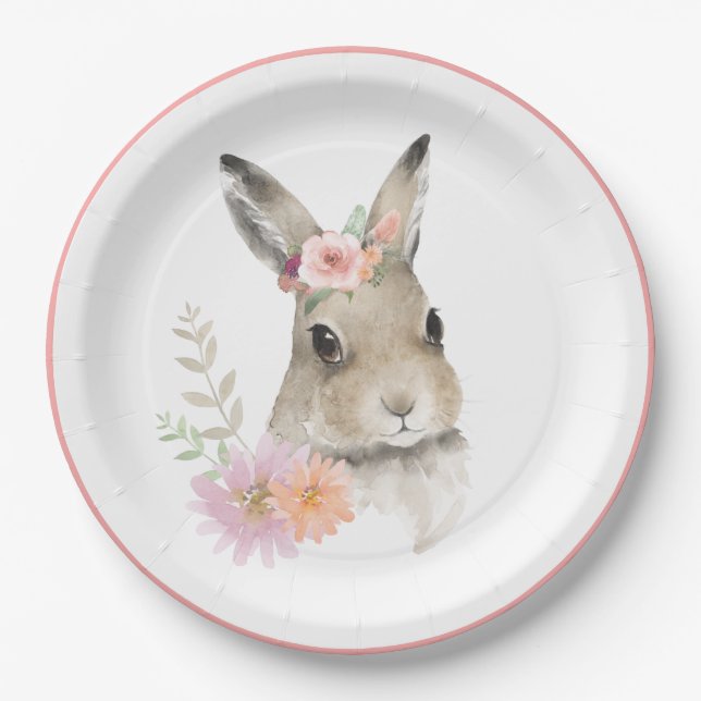 Woodland Floral Bunny Watercolor Baby Shower Paper Plates (Front)