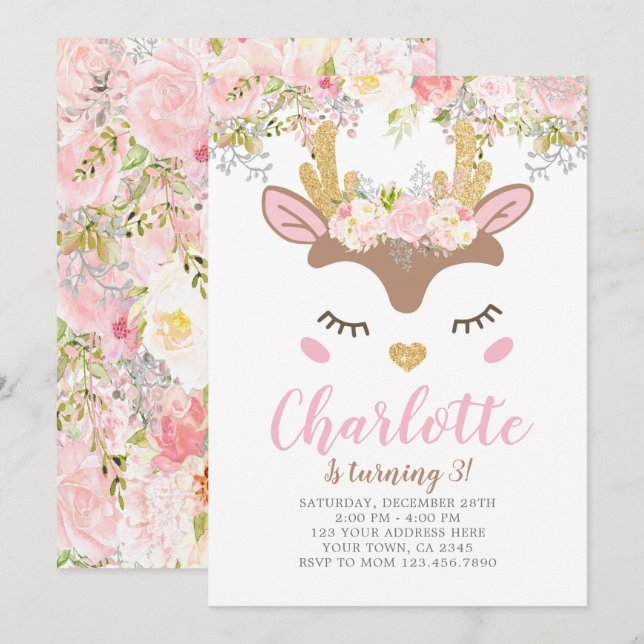 Woodland, Floral Deer Birthday Invitation (Front/Back)