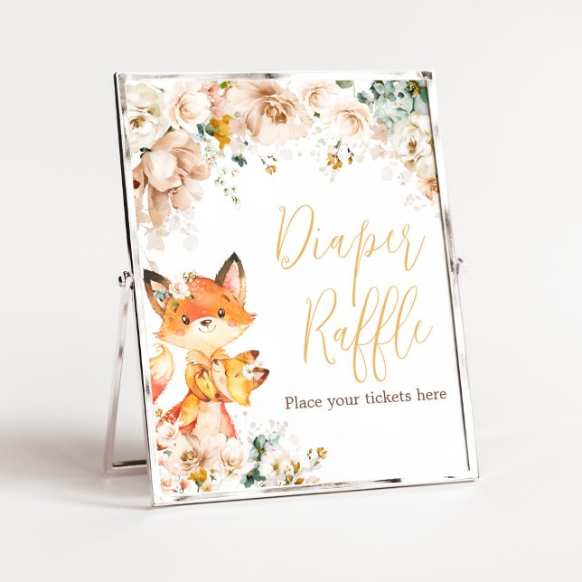 Woodland Floral Fox Baby Shower Diaper Raffle Poster (Fox Baby Shower Diaper Raffle Sign)