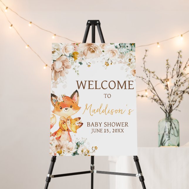 Woodland Floral Fox Baby Shower Welcome Sign (In Situ (Stand))