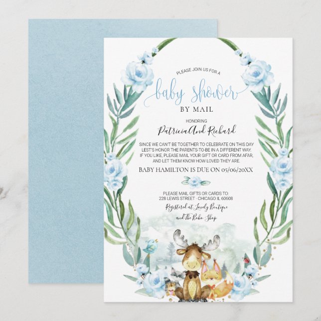 Woodland Floral Greenery Baby Shower By Mail Invitation (Front/Back)