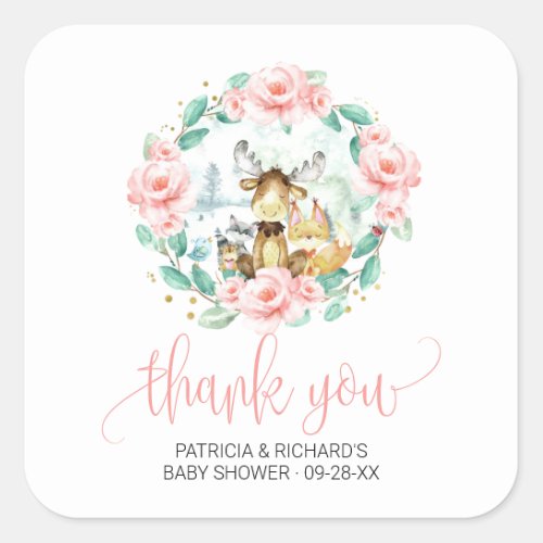 Woodland Floral Greenery Baby Shower Thank You Square Sticker