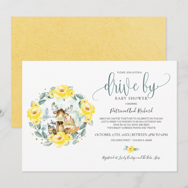 Woodland Floral Greenery Drive By Baby Shower Invitation (Front/Back)