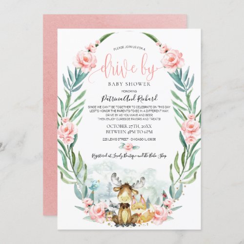 Woodland Floral Greenery Drive By Baby Shower Invitation