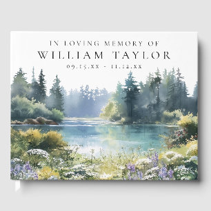 Woodland Floral Lake In Loving Memory Funeral Guest Book