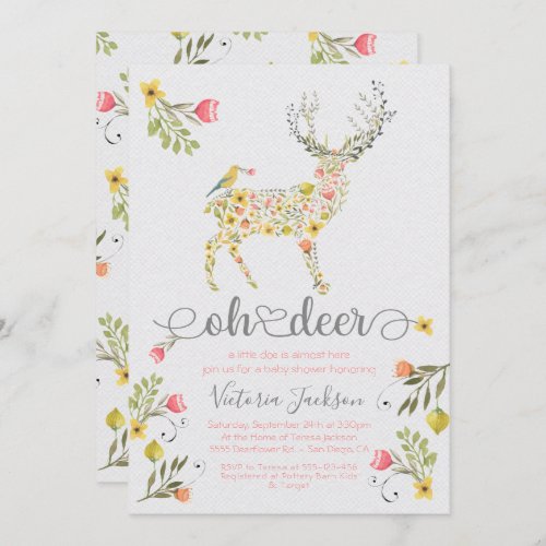 Woodland Floral Oh Deer Baby Shower Invitation