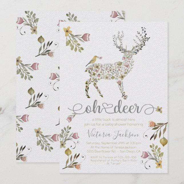 Woodland Floral Oh Deer Baby Shower Invitation (Front/Back)