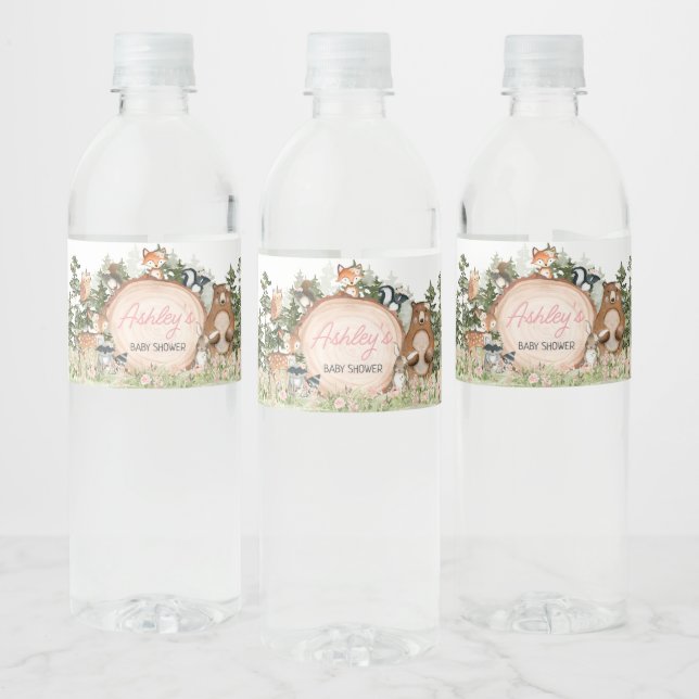 Woodland Floral Wood Slice Baby Shower Water Bottle Label (Bottles)