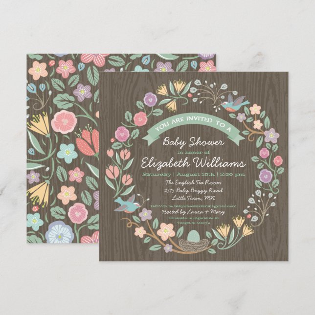 Woodland Floral Wreath Baby Shower Invitation II (Front/Back)
