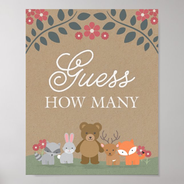 Woodland Florals Baby Shower Guess How Many Game Poster (Front)