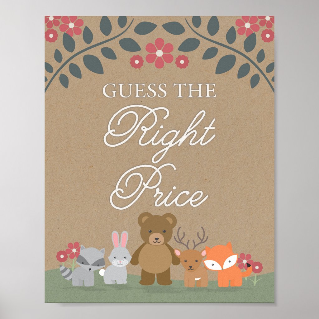 Woodland Florals Baby Shower Guess Price Game Sign