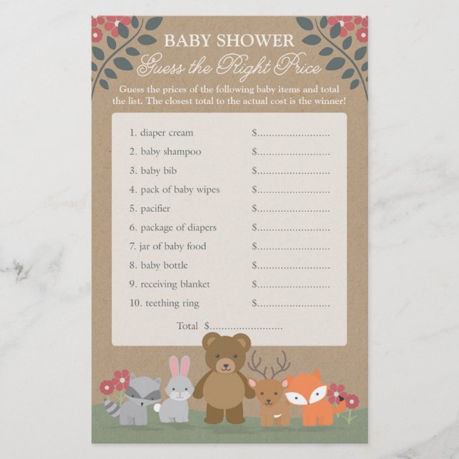 Woodland Florals Baby Shower Guess Right Price (Front)