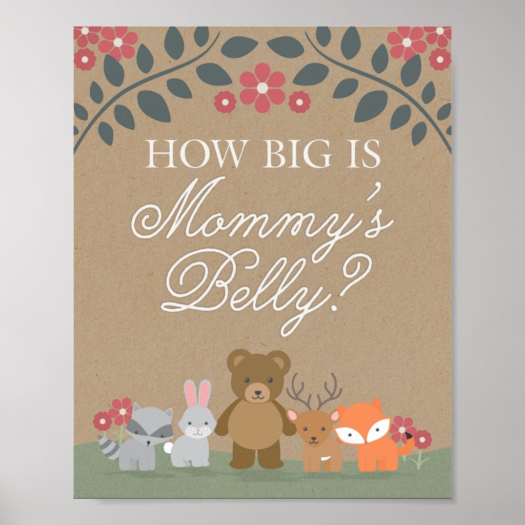 Woodland Florals Baby Shower Mommy's Belly Game Poster