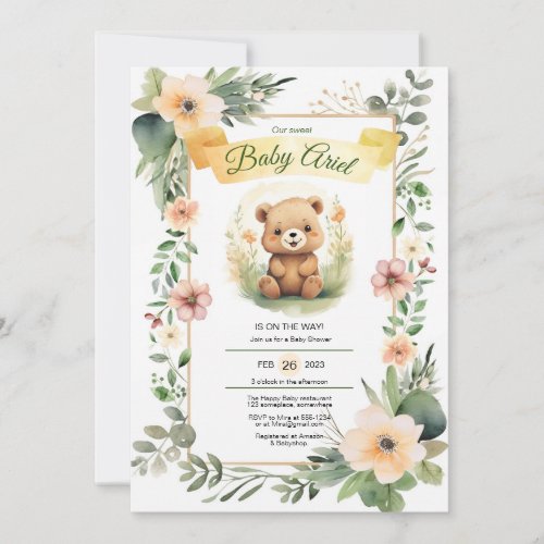 Woodland flowers cute bear baby shower invitation
