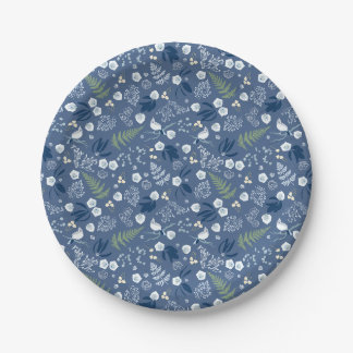 Woodland flowers fern birds blue green paper plates