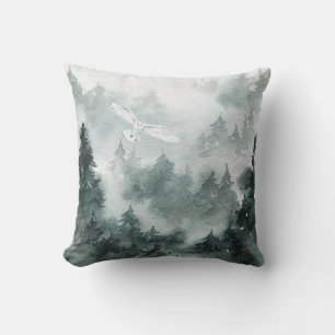 Woodland Foggy Mountain Forest Circling White Owl Throw Pillow