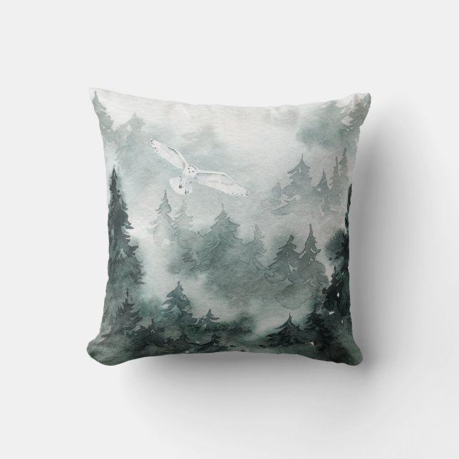 Woodland Foggy Mountain Forest Circling White Owl Throw Pillow (Front)