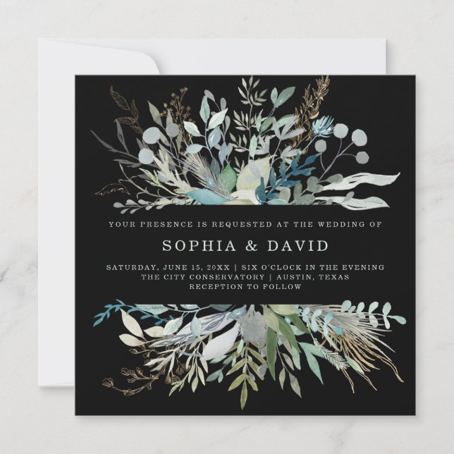Woodland Foliage Wedding | Black Invitation (Front)