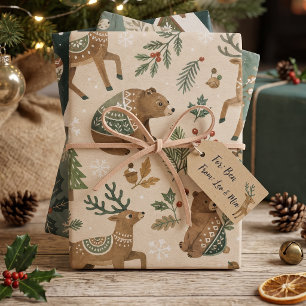 Woodland Folk Reindeer Doves and Pine Nordic Wrapping Paper Sheets