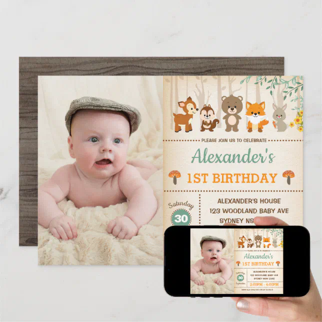 Woodland Forest 1st Birthday Baby Animals Party Invitation | Zazzle