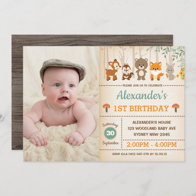 Woodland Forest 1st Birthday Baby Animals Party Invitation (Front/Back)