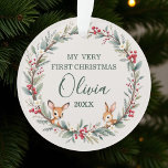 Woodland Forest Animal Baby First Christmas  Ornament<br><div class="desc">Celebrate your little one’s first holiday season with this Woodland Forest Animal Baby First Christmas Ornament. Featuring adorable woodland creatures in a charming forest design, this keepsake adds a rustic and whimsical touch to your Christmas tree. A thoughtful gift for parents and grandparents, this ornament is designed to be cherished...</div>
