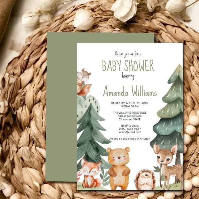 Woodland forest animal baby shower invitation  (Woodland watercolor animals baby shower invitation, sage green forest, gender neutral, boy, girl)