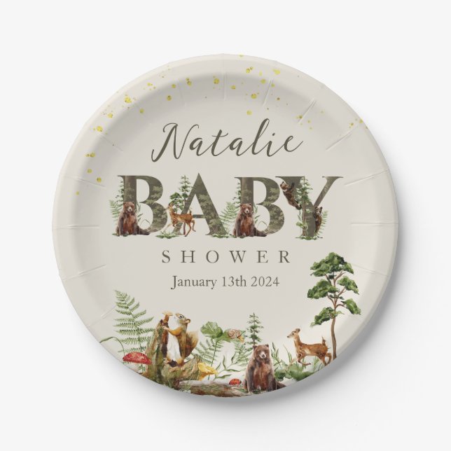 Woodland Forest Animal baby shower welcome sign Paper Plates (Front)