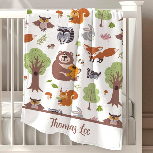 Woodland Forest Animal Boys Personalized Name Baby Blanket
