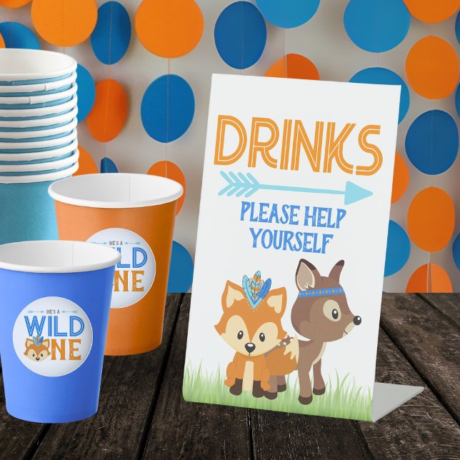 Woodland Forest Animal Drink Table Party Pedestal Sign (Woodland Forest Animals Standing Drink Table Pedestal Sign. Featuring an adorable fox and deer)