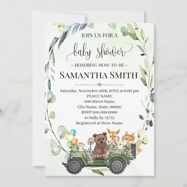 Woodland Forest Animal Drive Thru Baby Shower Invitation (Front)